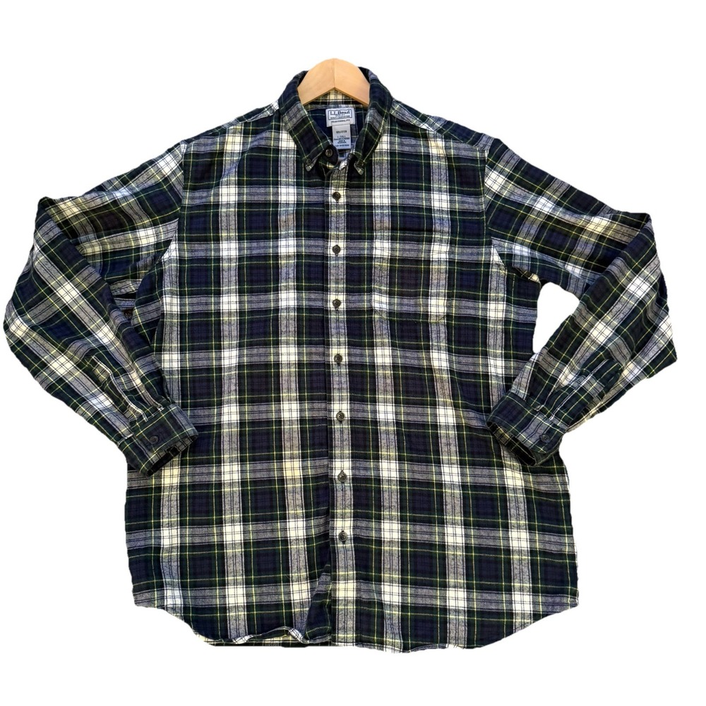 L.L. Bean Men's L Tall Flannel Plaid Long Sleeve Button Down Shirt Blue Green